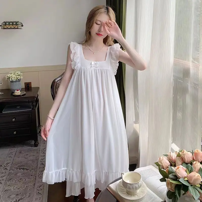 Summer Womens Princess Dress White Sleeveless Sleepshirts Vintage Lady Girls Nightgowns Nightdress Royal Style Pajamas Sleepwear