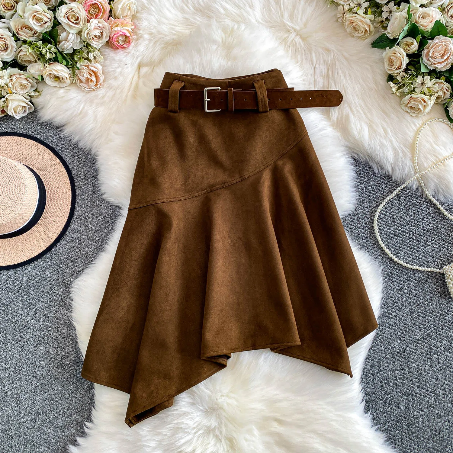 

Women Chic asymmetrical ruffle Sexy Skirt Elastic High Waist Korean Fashion A-line autumn Skirt Clothing