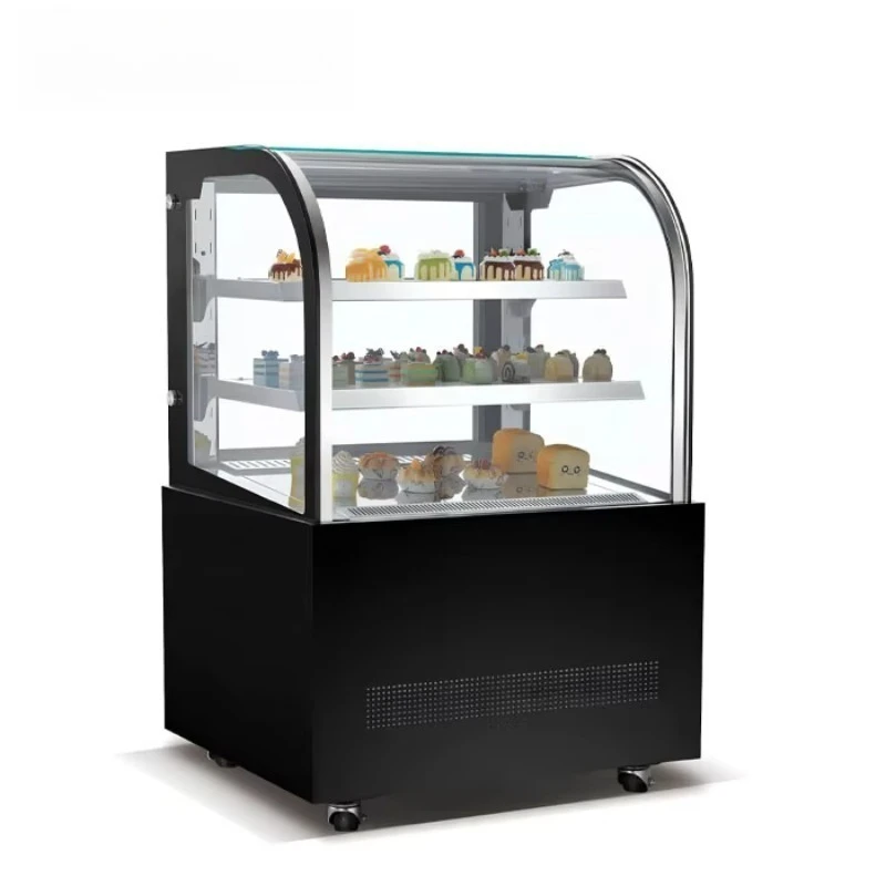 Commercial Upright Curved Glass Cake Display Refrigerator with Defrost Function, LED Lighting, and Customizable Size