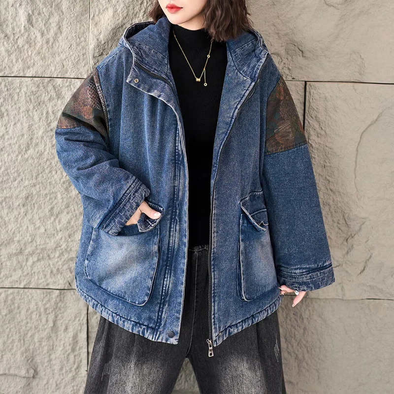 قداس واس الشتاء المطبوعة الدافئة الدنيم مقنعين معاطف المرأة عارضة الأزياء الكلاسيكية مبطن الستر السيدات خمر رشاقته سترات