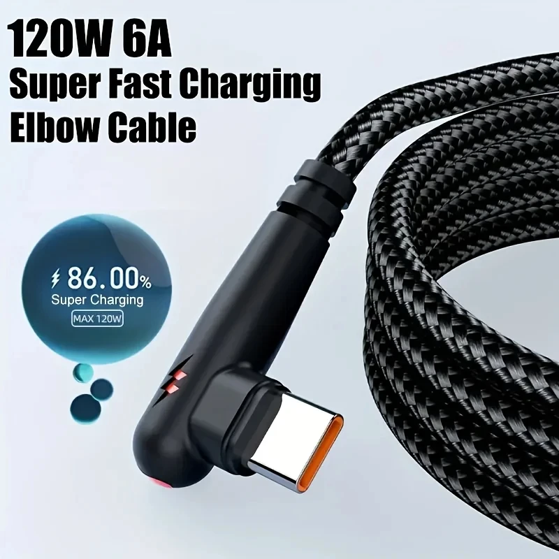 

0.25m 1m 2m 120W Braided 90-Degree Elbow Fast Charging USB To Type-C Cable for Gaming for Iphone 16 15 Xiaomi 14 13 12 Redmi K50
