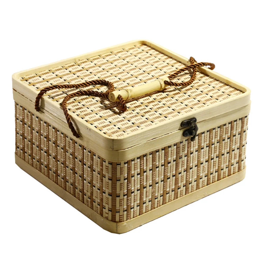 Handmade Bamboo Storage Basket Square Rustic Portable Gift Box Moon Cake Egg Fruit Dried Fruit Container Home Supply