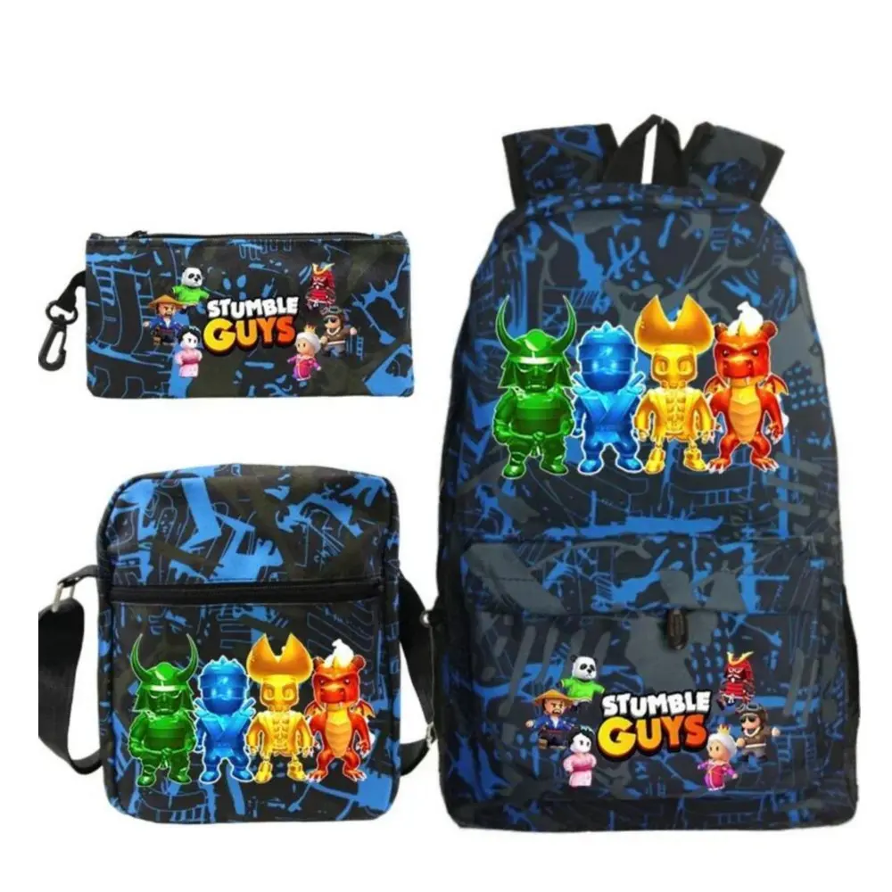 Mochila de lona Stumble Guys para estudantes, bolsa escolar para meninos e meninas, bolsa de viagem para adolescentes, zíper portátil, 3pcs