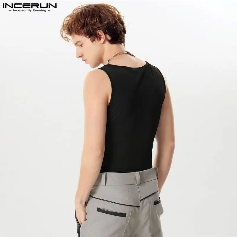 2024 Men Bodysuits Mesh Patchwork Sexy Sleeveless Fashion Rompers Men Streetwear Transparent Skinny Male Bodysuit S-5XL INCERUN