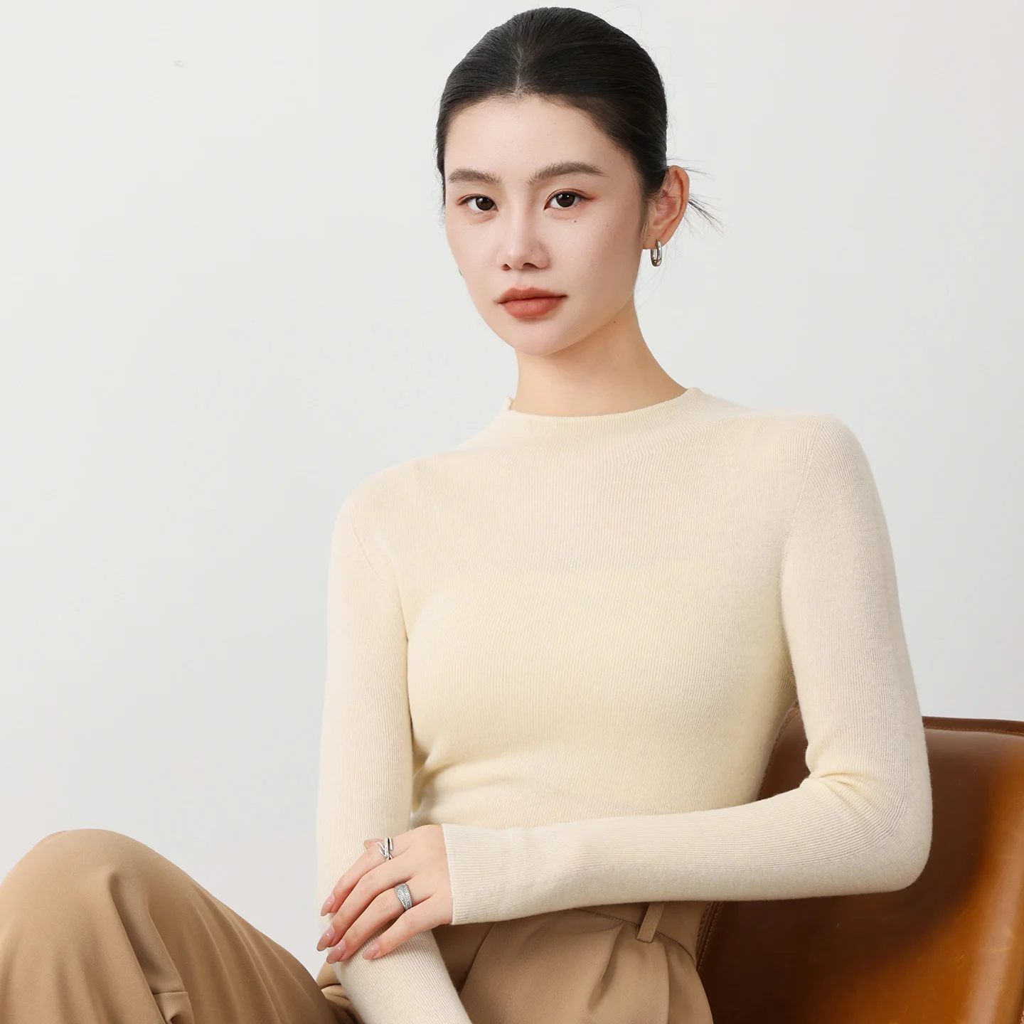 الكلاسيكية سلس الحرير الصوف مزيج البلوز المرأة الحياكة التخسيس نمط سترة نصف عالية الرقبة طويلة الأكمام بلوزات عالية الجودة #4