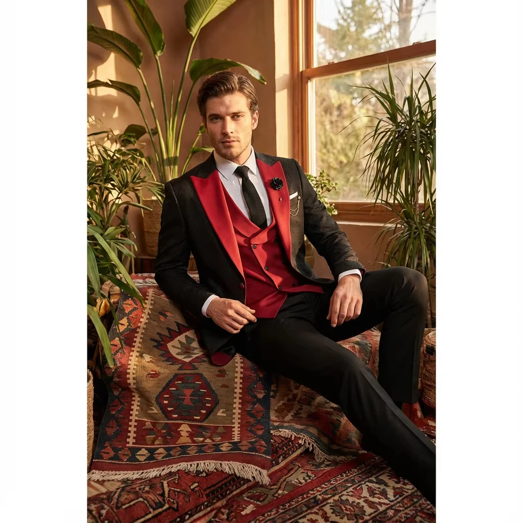 Red 2026 Blazer+Vest+Pant Mens Suits Splicing Peak Lapel Wedding Prom Tuxedos 3 Piece Tweed For Slim Fit Men Suit