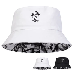 Unisex Coconut Tree Embroidery Double Sided Wearing Bucket Hats Fishermen Caps Outdoor Casual Cap Sunscreen Hat