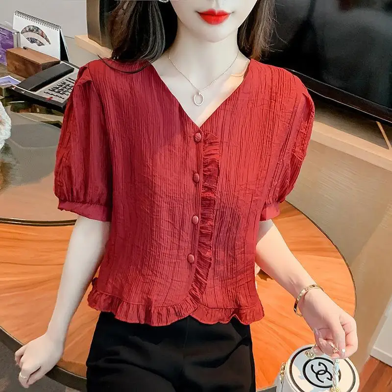 Elegant V-Neck Solid Color Spliced Ruffles Puff Sleeve Shirt Women\'s Clothing 2023 Spring New Casual Tops All-match Sweet Blouse