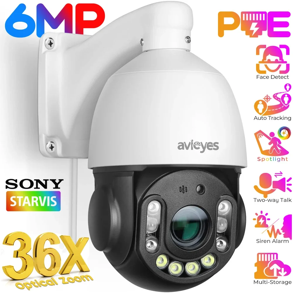 Caméra de surveillance extérieure PTZ IP PoE HD 6MP, dispositif de sécurité sans fil, avec n'aime optique 36X, suivi automatique et vision nocturne, audio bidirectionnel