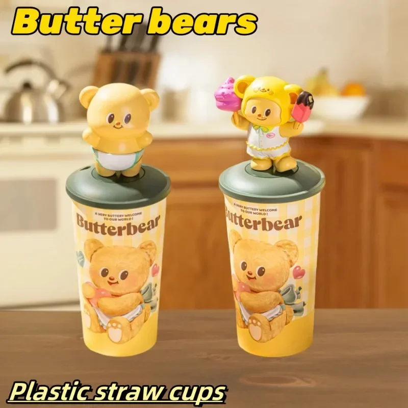 Butter Bears Plastic Straw Cups Girls Cute Cartoon Direct Drink Cup Creative Styling of Dolls Childs 700ML Large Capacity Gifts