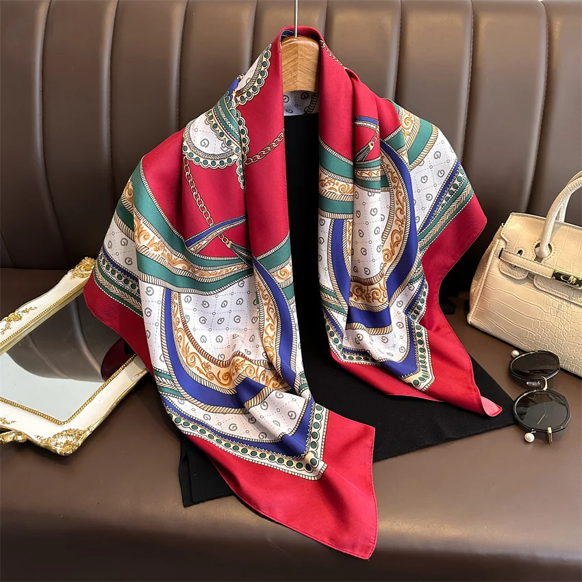 90*90cm Square Silk Scarf Women Shawl Print Satin Hijab Female Luxury Brand Foulard Muffler Coverchief Bandanna Girl Headband