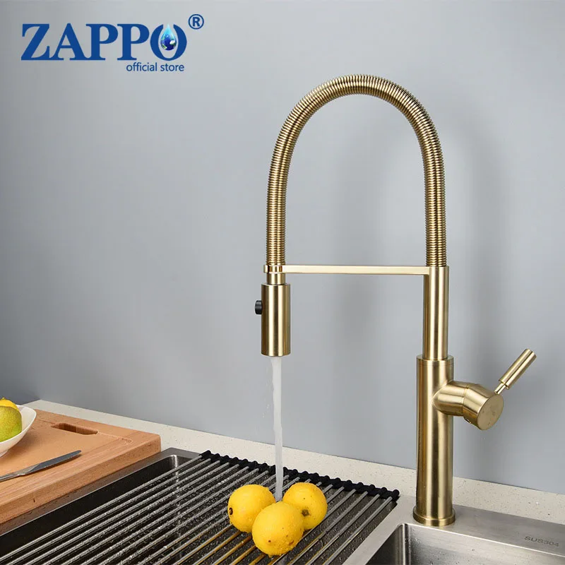 

ZAPPO Brushed Gold Kitchen Faucets Brass Mixer for Kitchen Sink Single Lever Pull Out Spring Spout Tap Hot Cold Water Faucets