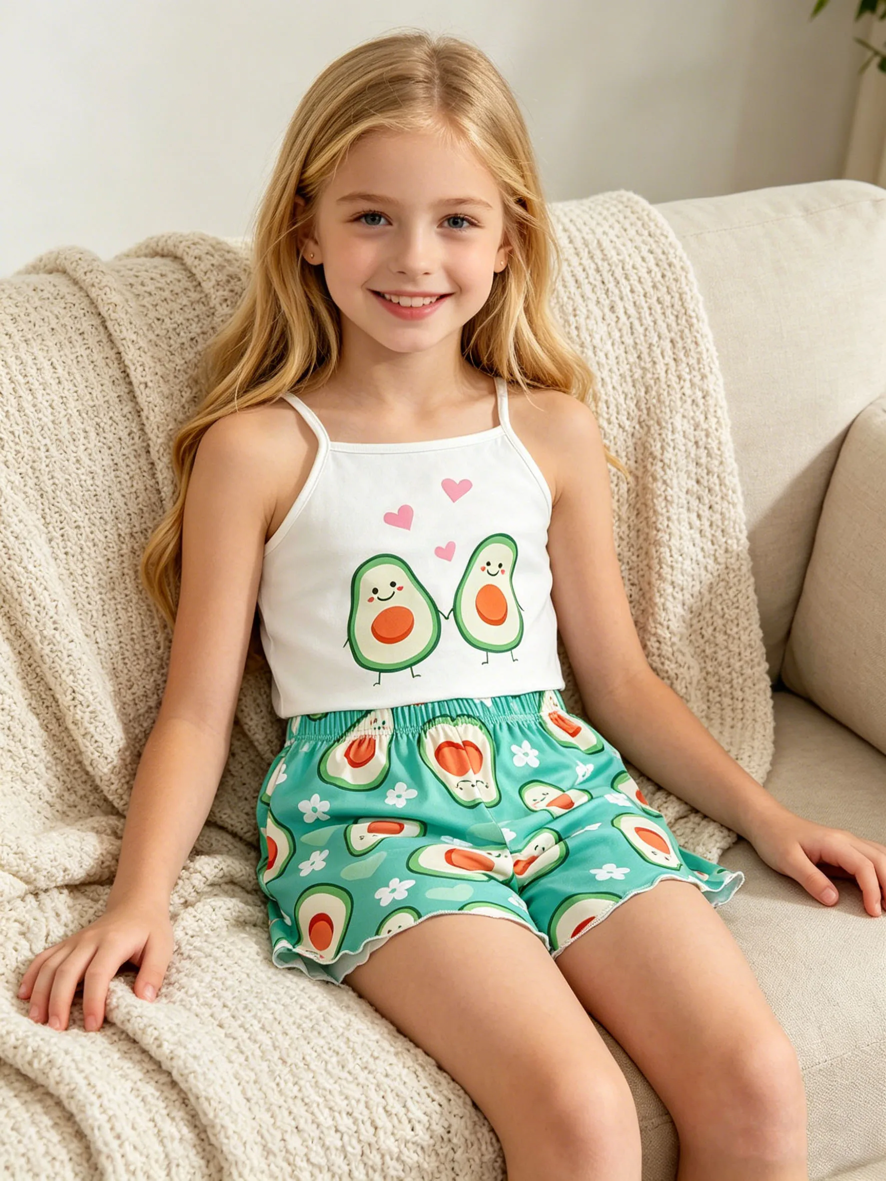 Girls' fashionable home clothes summer, girls' outdoor leisure cartoon love avocado pattern top vest shorts