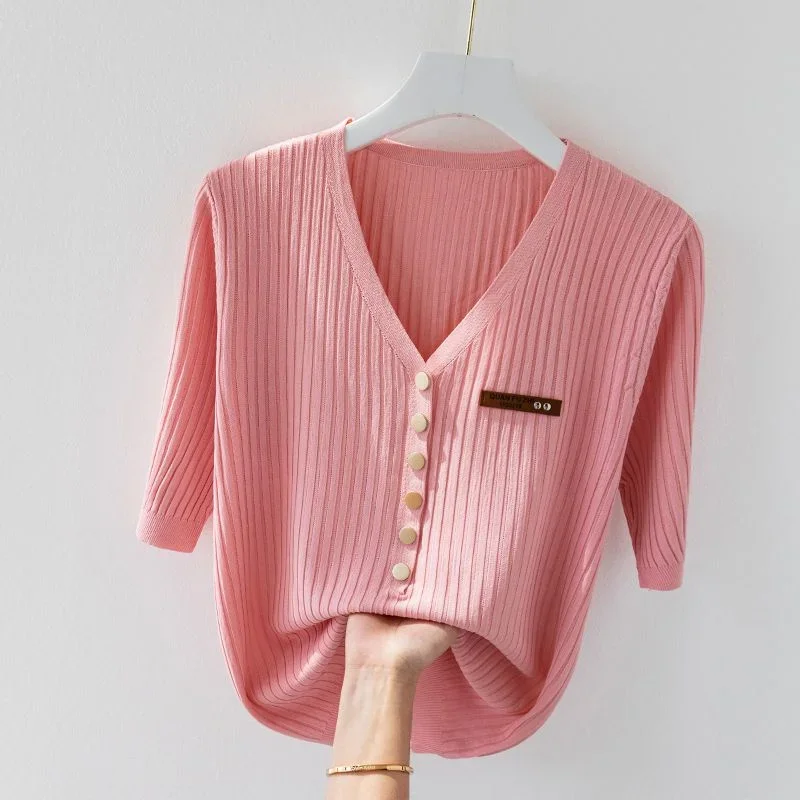 

Summer Loose Slim Fashion Korean Short Sleeved T-shirt Women's Solid V-neck Button New Patchwork Casual Simple Ice Silk Knit Top