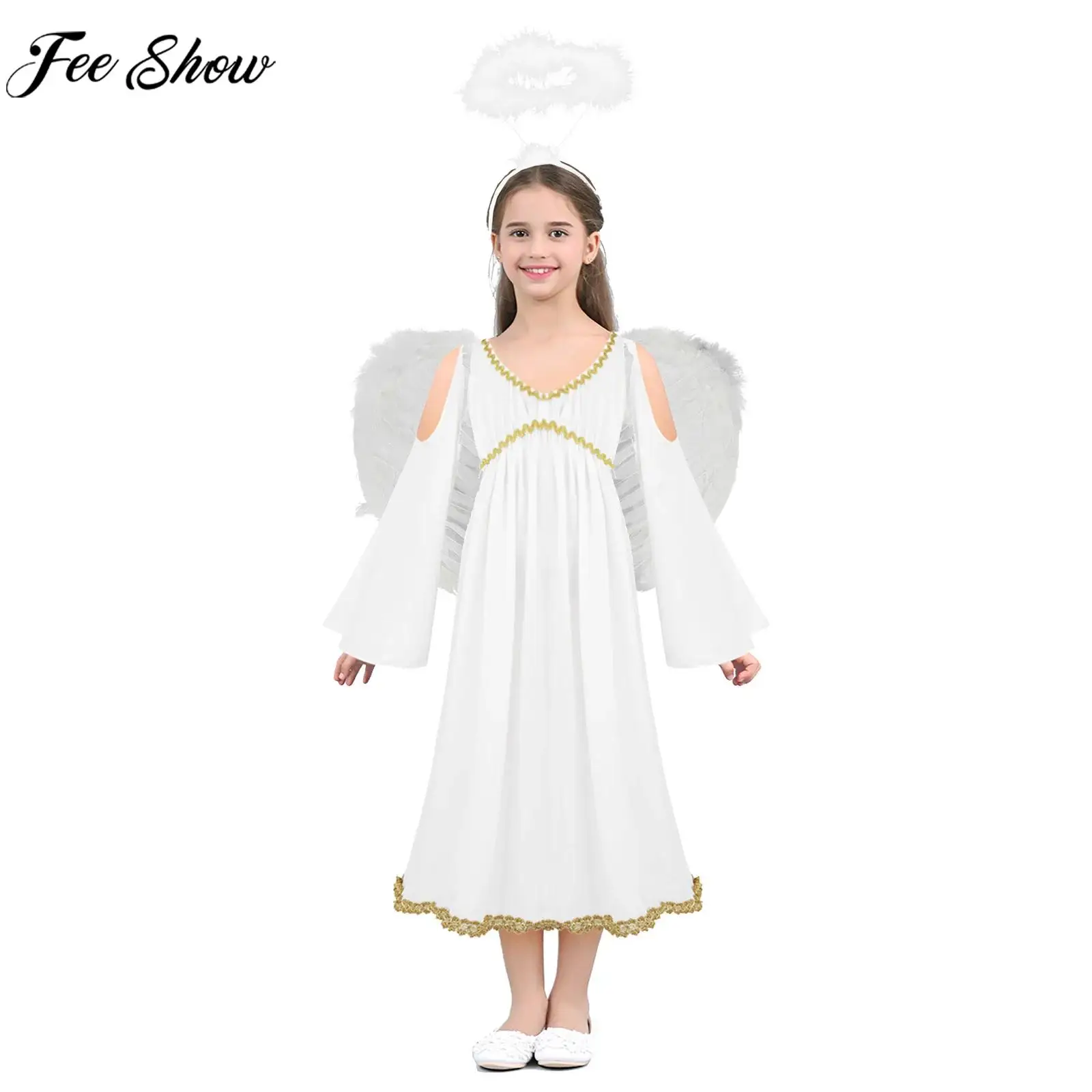 Teen Girls Halloween Angel Cosplay Costume Church Choir Worship Robe Gown Long Sleeve Gold Trim Dress with Wings Headband Set