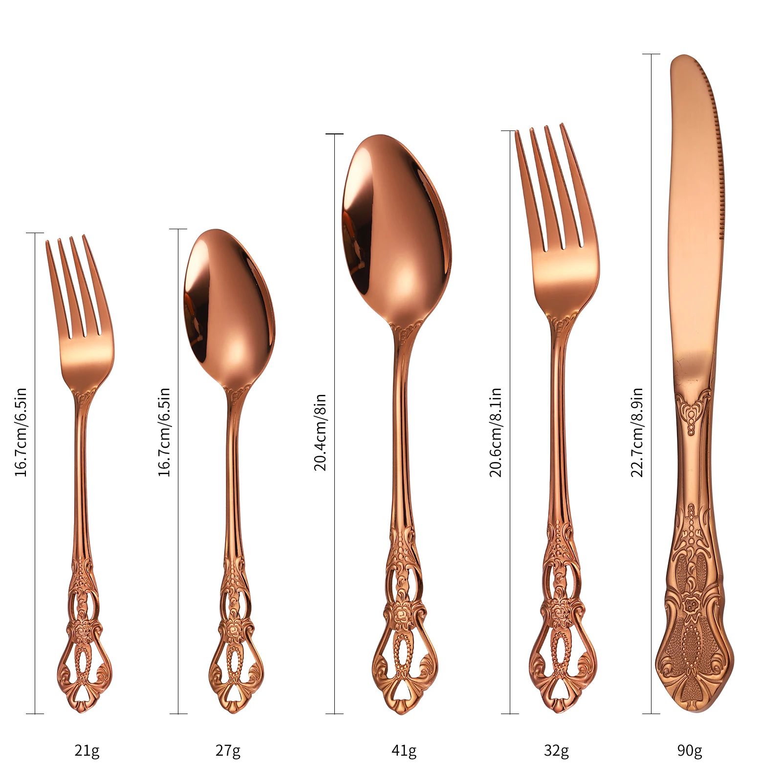 A · HOUSEWARE Rose Gold Royal Ornate Silverware Set for 8 Stainless Steel Flatware Cutlery 40 Pieces Tableware Retro Utensils