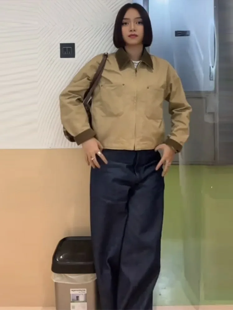 

Короткая куртка с карманами и лацканами, женская однотонная свободная куртка на молнии с длинными рукавами, повседневные универсальные женские новые осенние уличные куртки