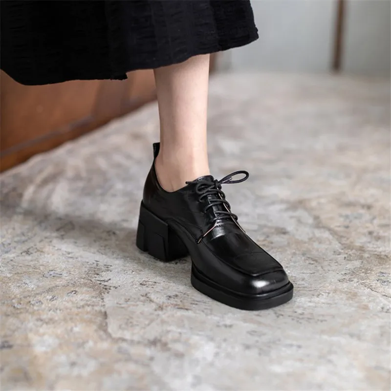 

New Spring/Autumn Women Pumps Square Toe Lace-Up Chunky Heel Women Shoes Solid Platform Soft Leather Puls Size 42 Famele Shoes