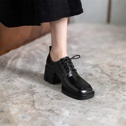 New Spring/Autumn Women Pumps Square Toe Lace-Up Chunky Heel Women Shoes Solid Platform Soft Leather Puls Size 42 Famele Shoes