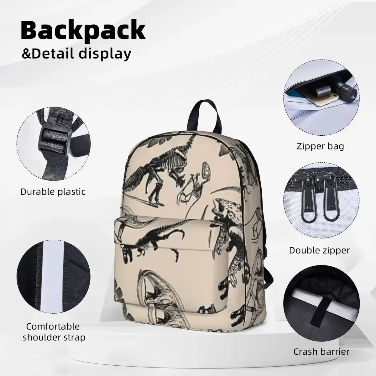 Vintage Museum Dinosaurs And Skeletons Backpack Student School Bag Laptop Rucksack Travel Rucksack Large Capacity Bookbag