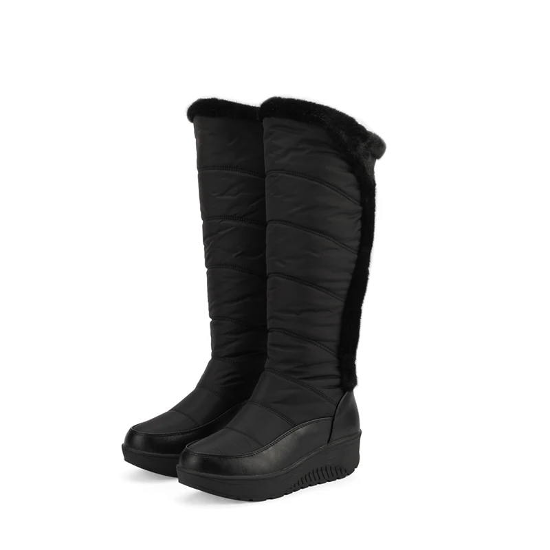 Fashion Snow Boots Round Toe 4cm Wedge Heel Slip On Waterproof Outdoor Knee High Bota Large Size 42 43