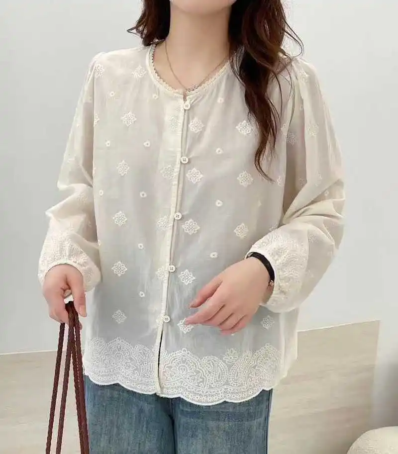 

New 2025 Autumn Cotton Long Sleeve Shirt, Women O Neck Embroidery, Mori Girl Retro Versatile Casual Chic Loose Blouse T59252CC