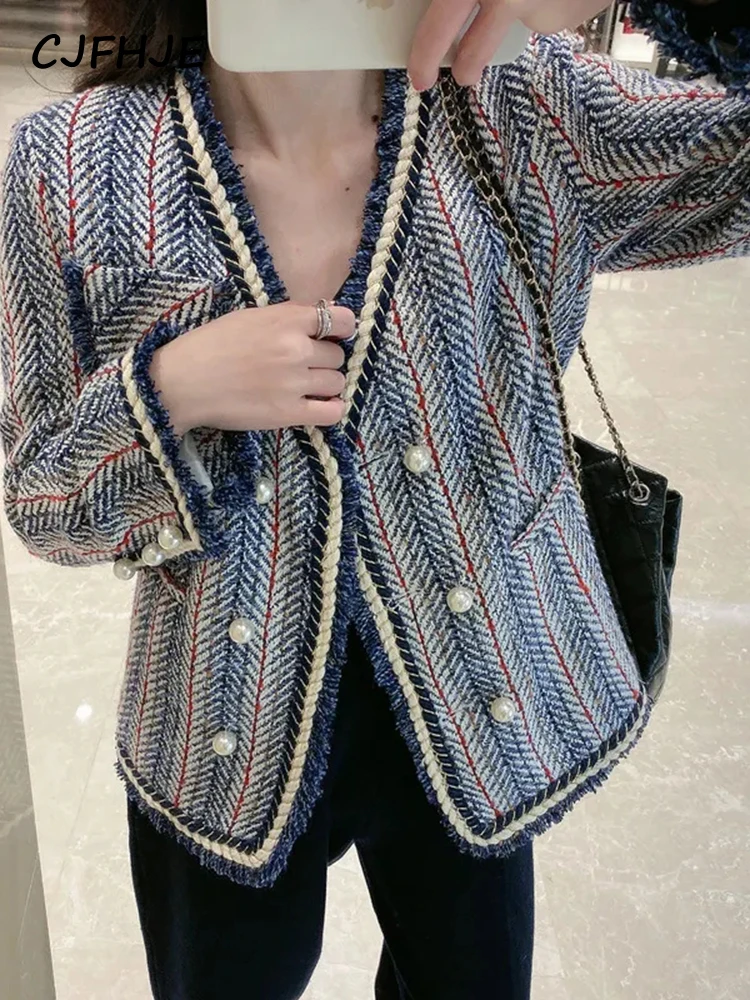 CJFHJE New Tweed Suit Jacket Woman Autumn Pocket Button Elegant Streetwear Crop Office Ladies Korean Business Coat Winter Chic