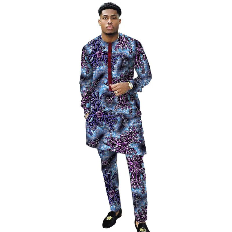 Nigerian Print Men Clothes Set Dashiki Shirts With Trousers Male Pant Suits Traditional Style African Pattern Wedding Wear