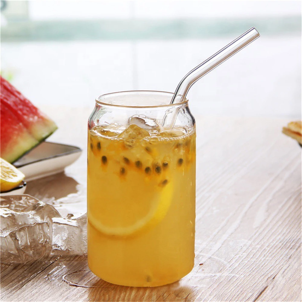 Glass Cup With Wooden Lid Glass Straw Creative Can Shape Juice  Glass Cup Coffee Mug High