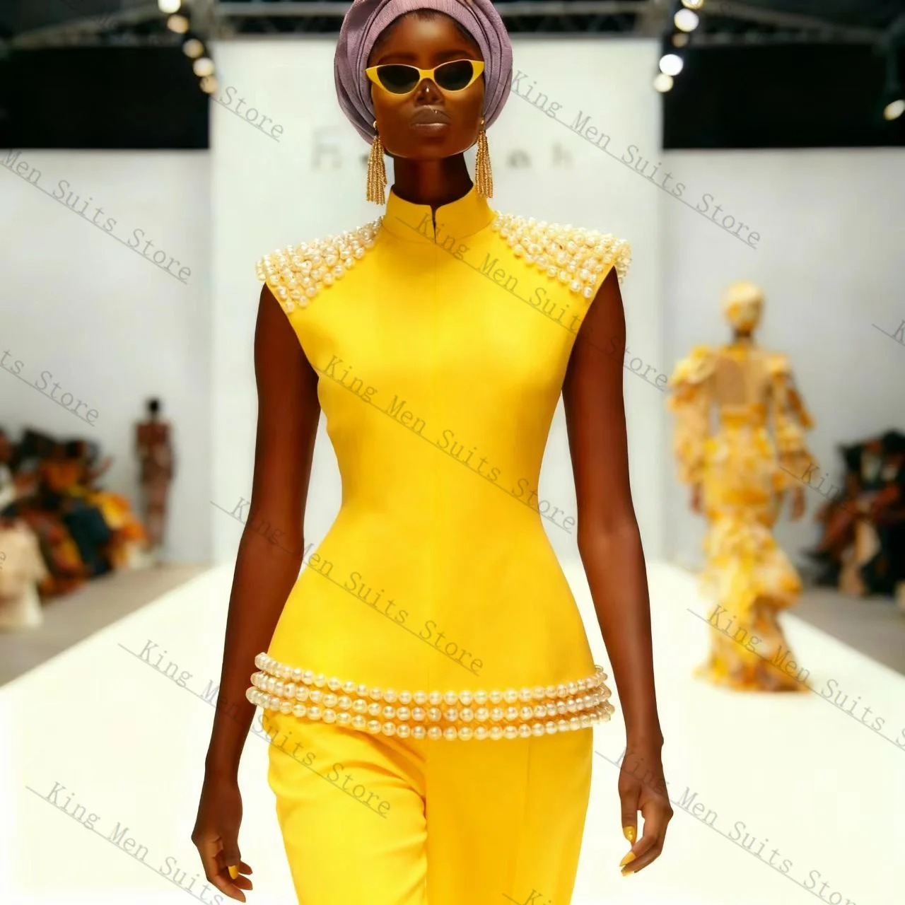 

Pearls Yellow Women Suit Set 2 Pcs Vest+Straight Pants Catwalk Cotton Customized Formal Office Lady Wedding Tuxedos Coat Jacket