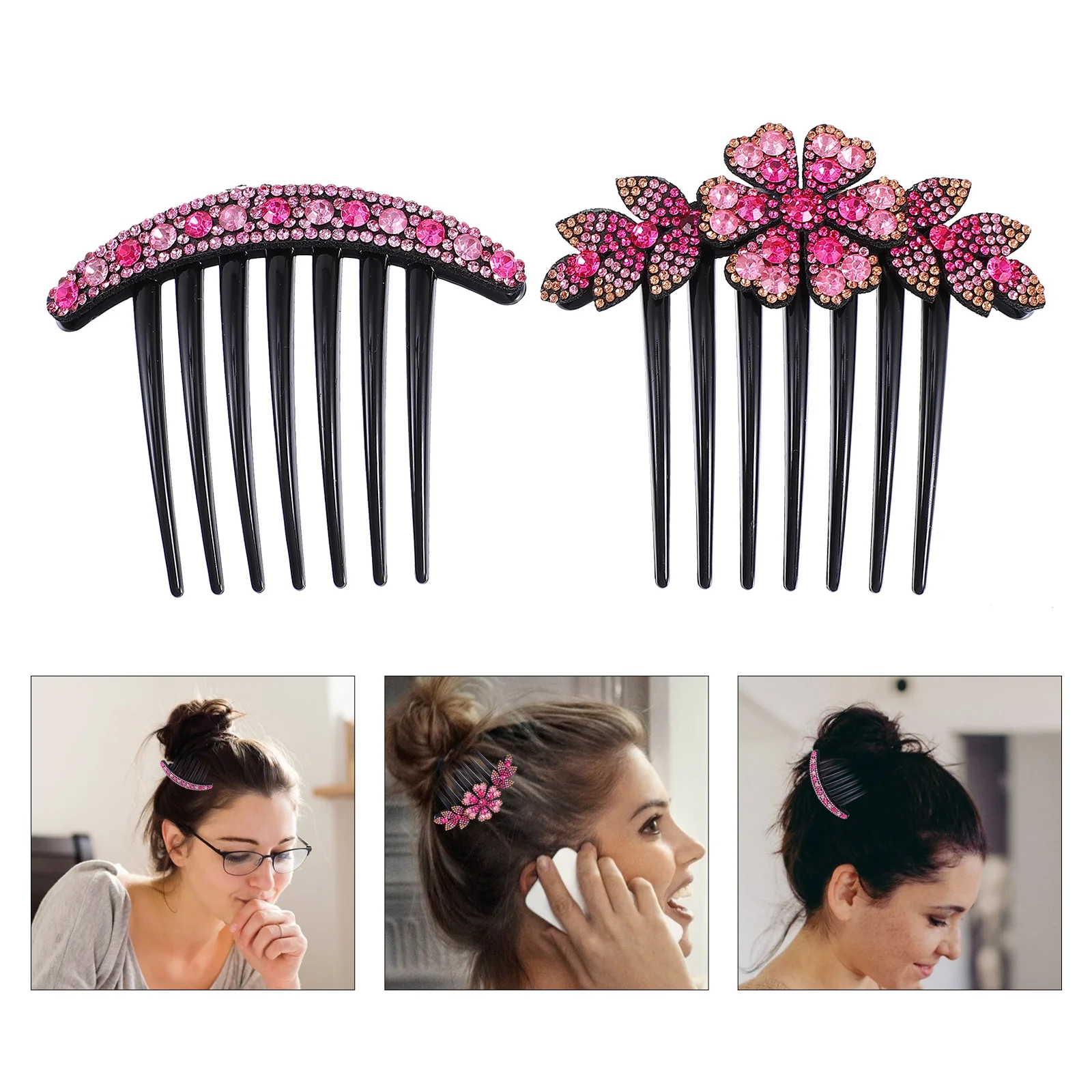 

2 pcs Rhinestone Hairpin Comb Pink Rhinestones Women Accessories Fork Stick Hair Tool Prom Wedding Daily Style