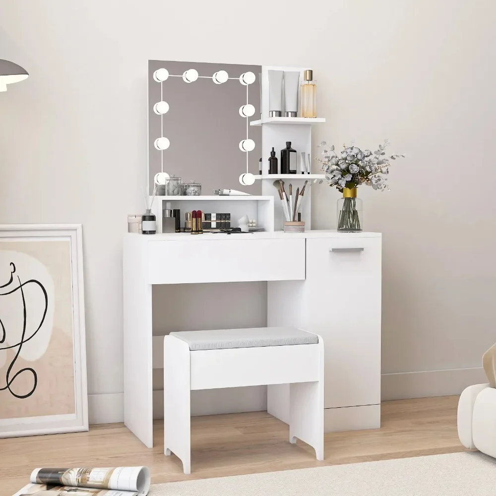 

Makeup Vanity Table with Light Mirror Dressing Vanity Storage Cabinet for Bedroom