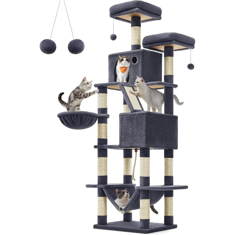 Feandrea Cat Tree, 81.1-Inch Large Cat Tower with 13 Scratching Posts, 2 Perches, 2 Caves, Basket, Hammock, Pompoms, Multi-Level