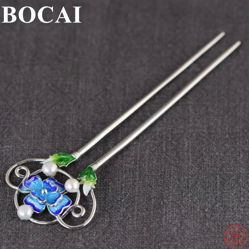 BOCAI S925 Sterling Silver Hair Accessories Popular Cloisonne Pearl Enamel Headdress Pure Argentum Hairpin Jewelry for Women