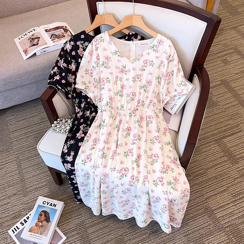 155Kg Plus Size Women's Bust 170 Summer Loose Mid Length V-Neck Flower Chiffon Dress Black White 6XL 7XL 8XL 9XL 10XL 11XL