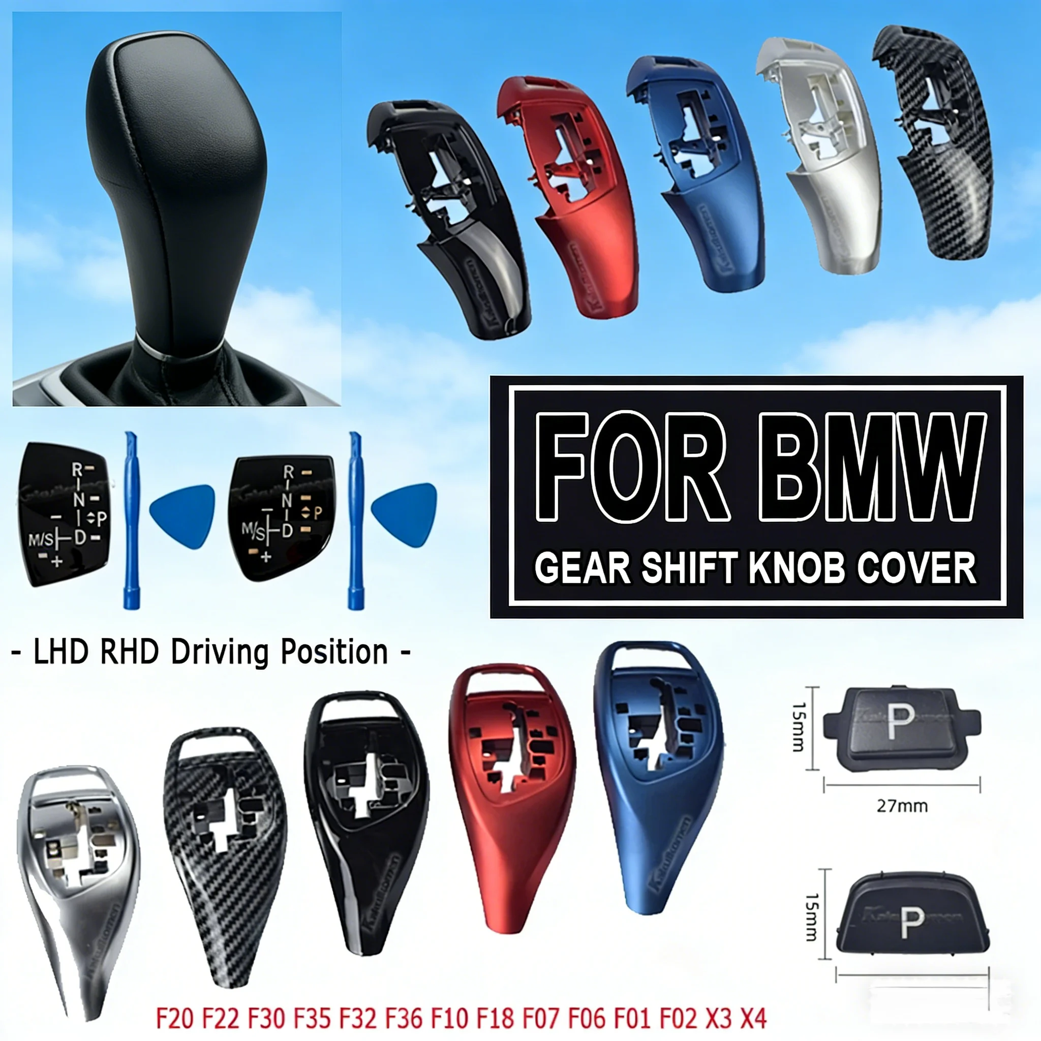 

For BMW 1 2 3 4 5 7 Series F10 F20 F30 E60 E90 X3 X4 X6 Replacement LHD ABS Carbon Fiber Pattern Gear Shift Lever Knob Cover