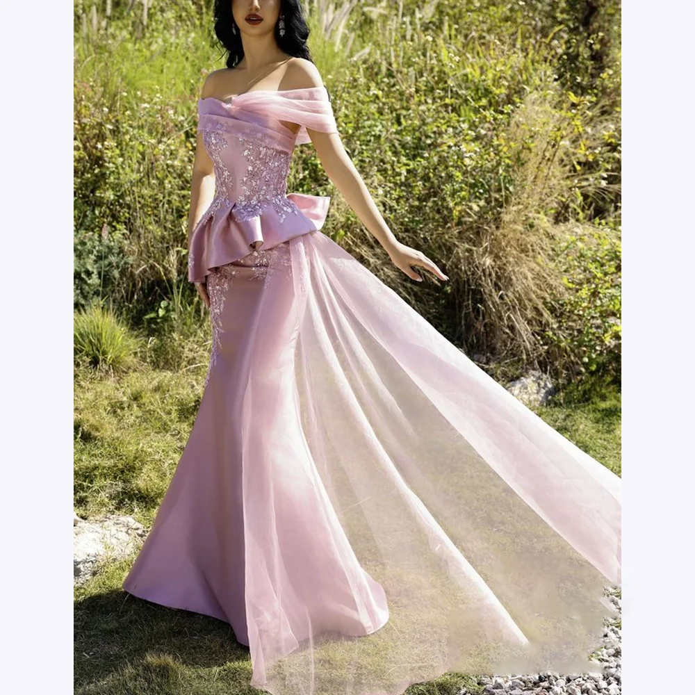 Robe de soirée en Satin rose clair, Chic, épaules dénudées, plissée, style sirène, robe de bal, longueur au sol, personnalisée