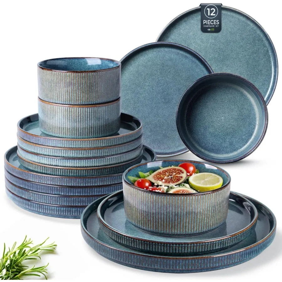 

Stoneware Dinnerware Sets for 4Round Reactive Glaze Ceramic Plates and Bowls Set Highly Scratch Resistant Dishwasher and Microw