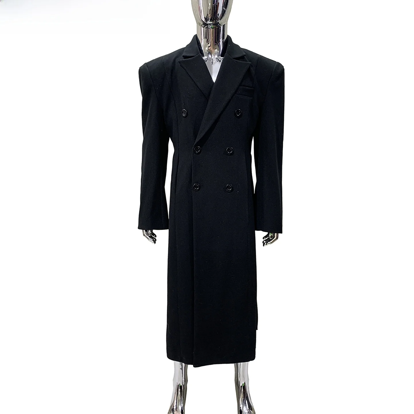 Nerazzurri Men's Long Woolen Coat Shoulder Pads Side Slit Waist-Cinching Slimming Black Fashion Urban Style Double-Breasted