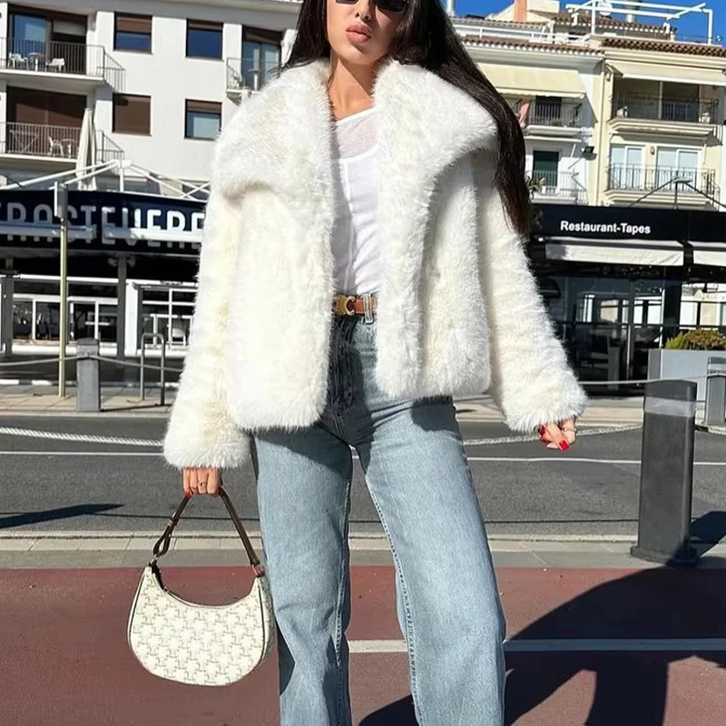 MUJER 2025 White Faux Fur Coat Woman Luxury Warm Winter Woman Coat Long Sleeve Hairy Coats for Women Fluffy Women's Jackets