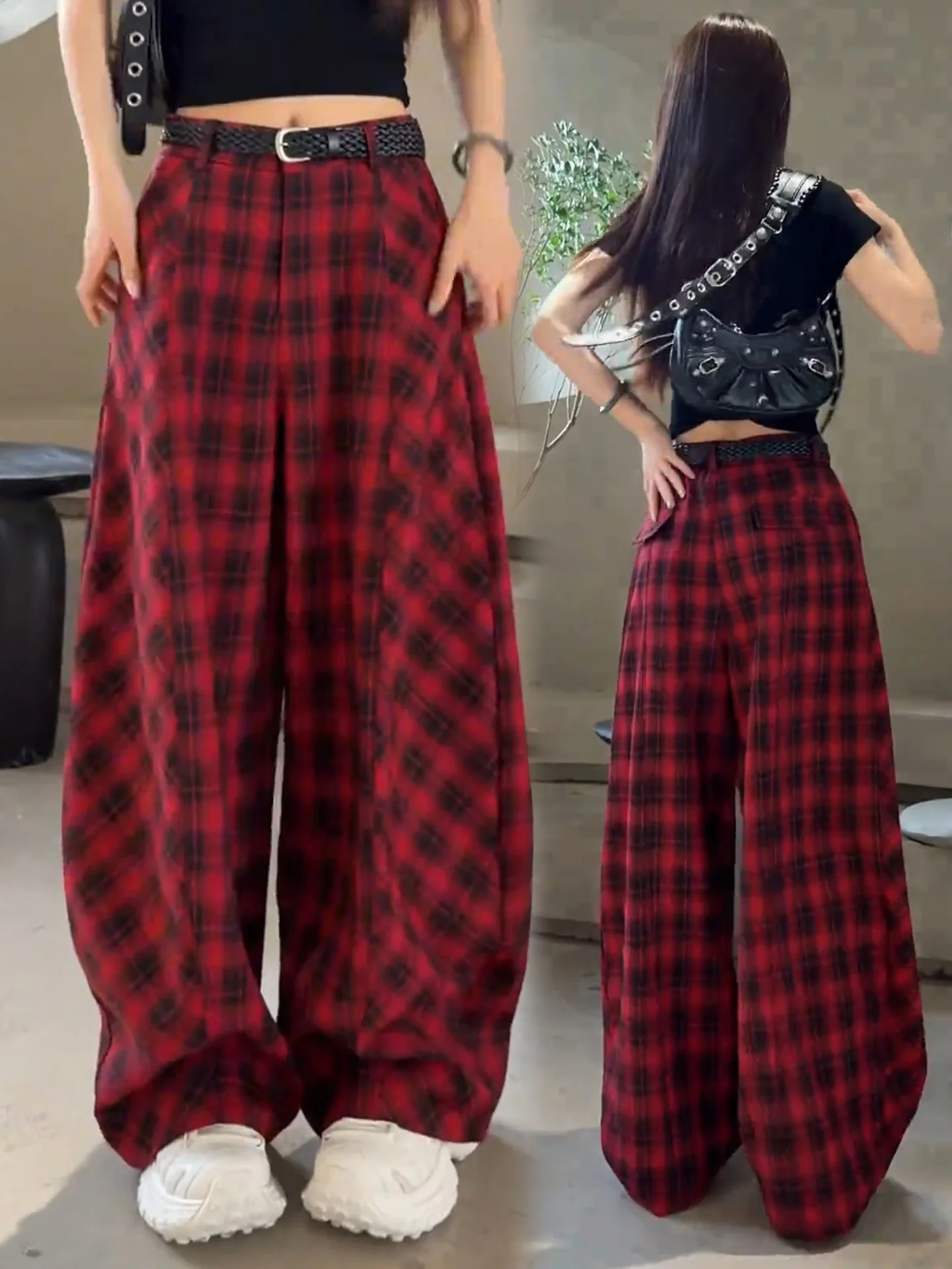 High Waist Loose Casual Pants Women's Summer Thin New Wide Leg Casual Pants Slimming Versatile Banana Pants Checkered Pattern