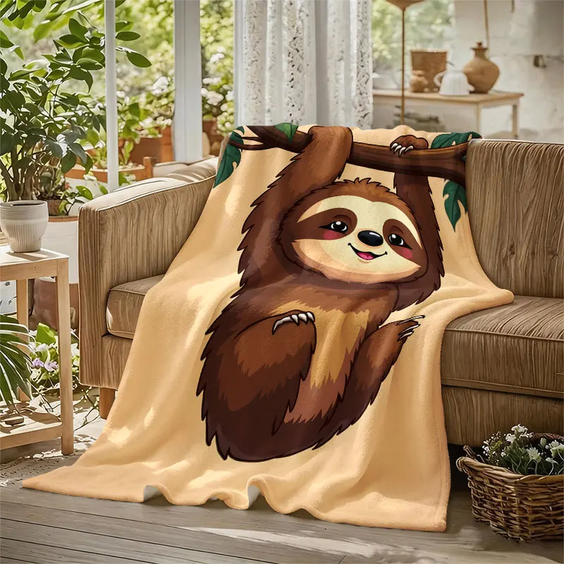 Cute Sloth Hanging Branch Flannel Blanket Perfect for Sofa Office Bed Travel Sleep Read Relax Camping Four Season Use