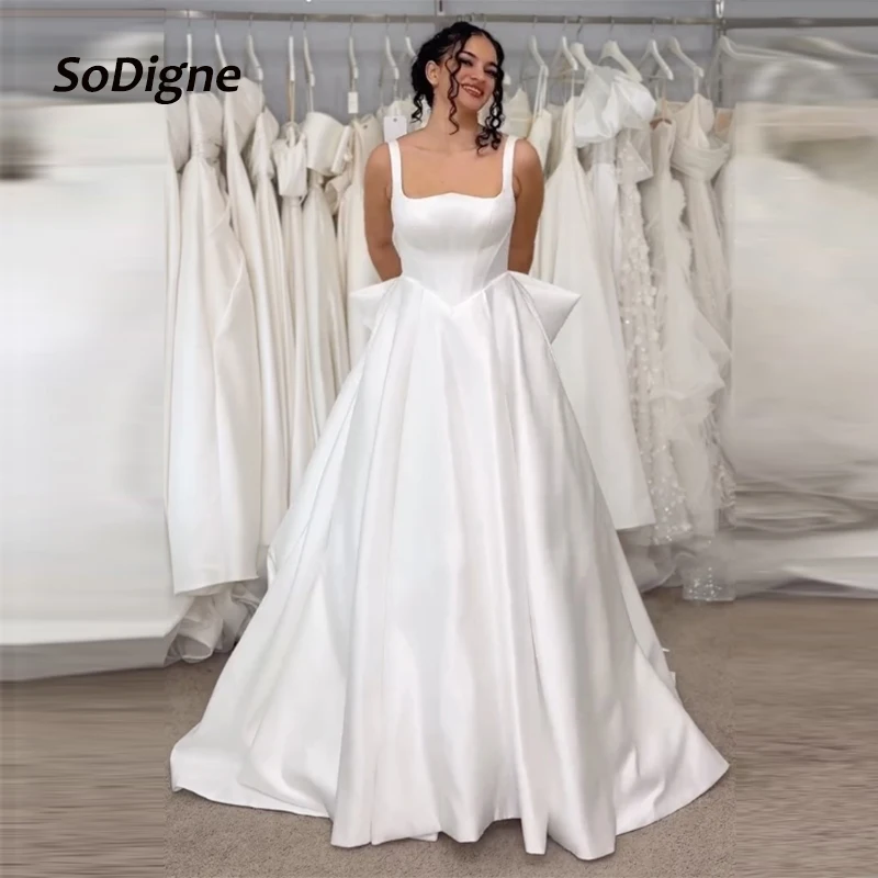 

SoDigne A-line Satin Simple Wedding Dresses Sleeveless Bridal Dress with Bow Beach Wedding Gown Robe De Mairee Customized
