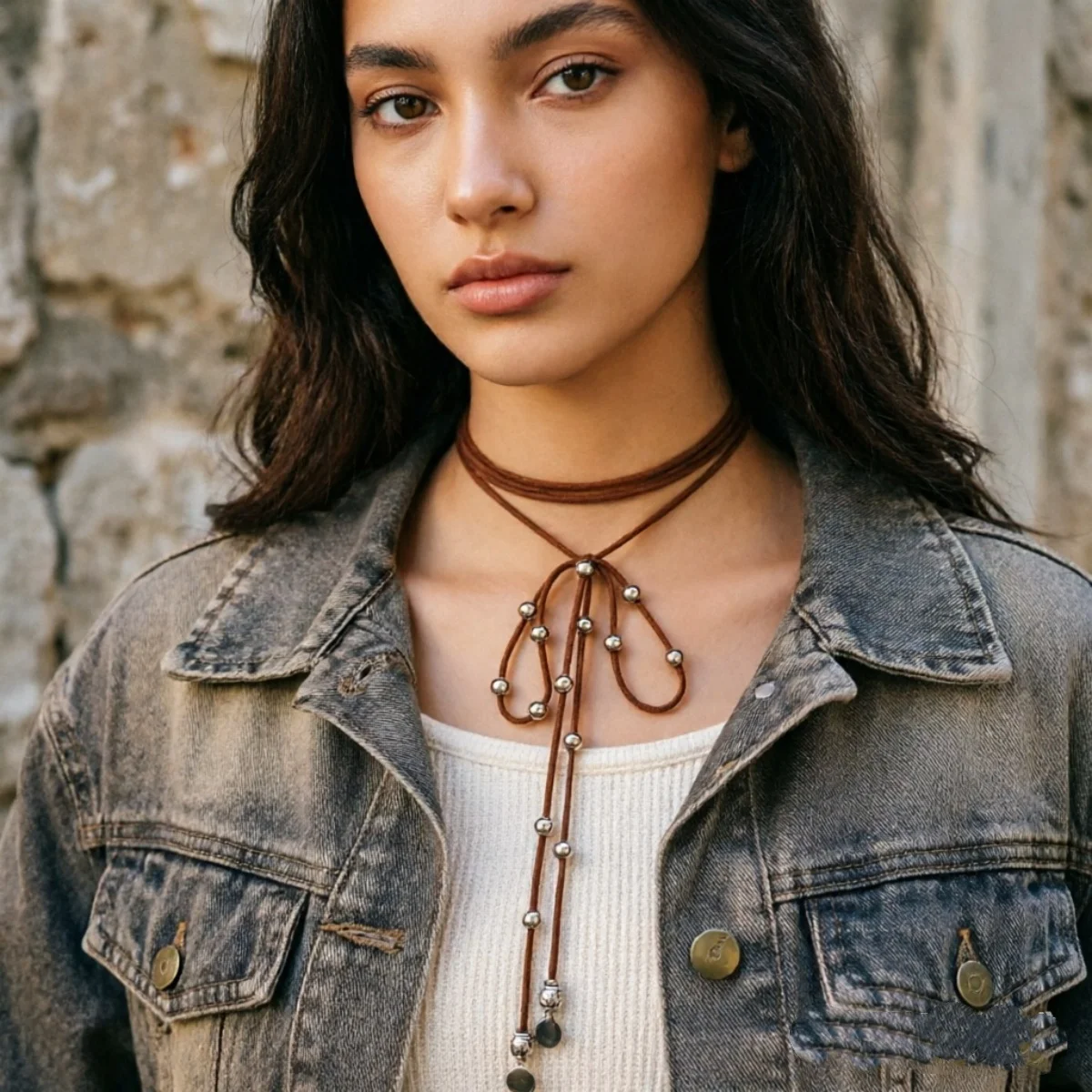 Trendige mehrschichtige Samt-Kordel-Schleifenkette für Damen und Herren, Retro-Western-Ästhetik, runde Perlen, Schleifenknoten-Choker-Schmuck. – Detail 19