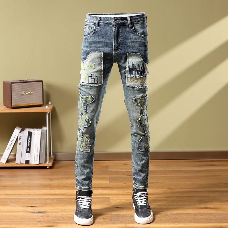 

Street personality fashion retro worn jeans mens stretch slim high-end fabric patch embroidery washed casual biker pants