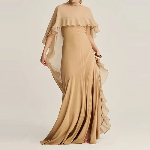 Imagen 2 del producto Vestidos elegantes lisos plisados con abertura, chal sexi con volantes, vestido largo para mujer, nuevo vestido de fiesta ajustado de gasa de otoño