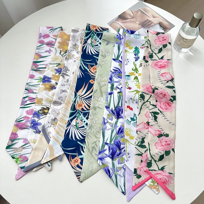

2025 Korean Fashion Flowers Pattern Women Twill Decorative Ribbon Small Scarf Binding Bag Handle Ribbon Hair Band Small Scarf