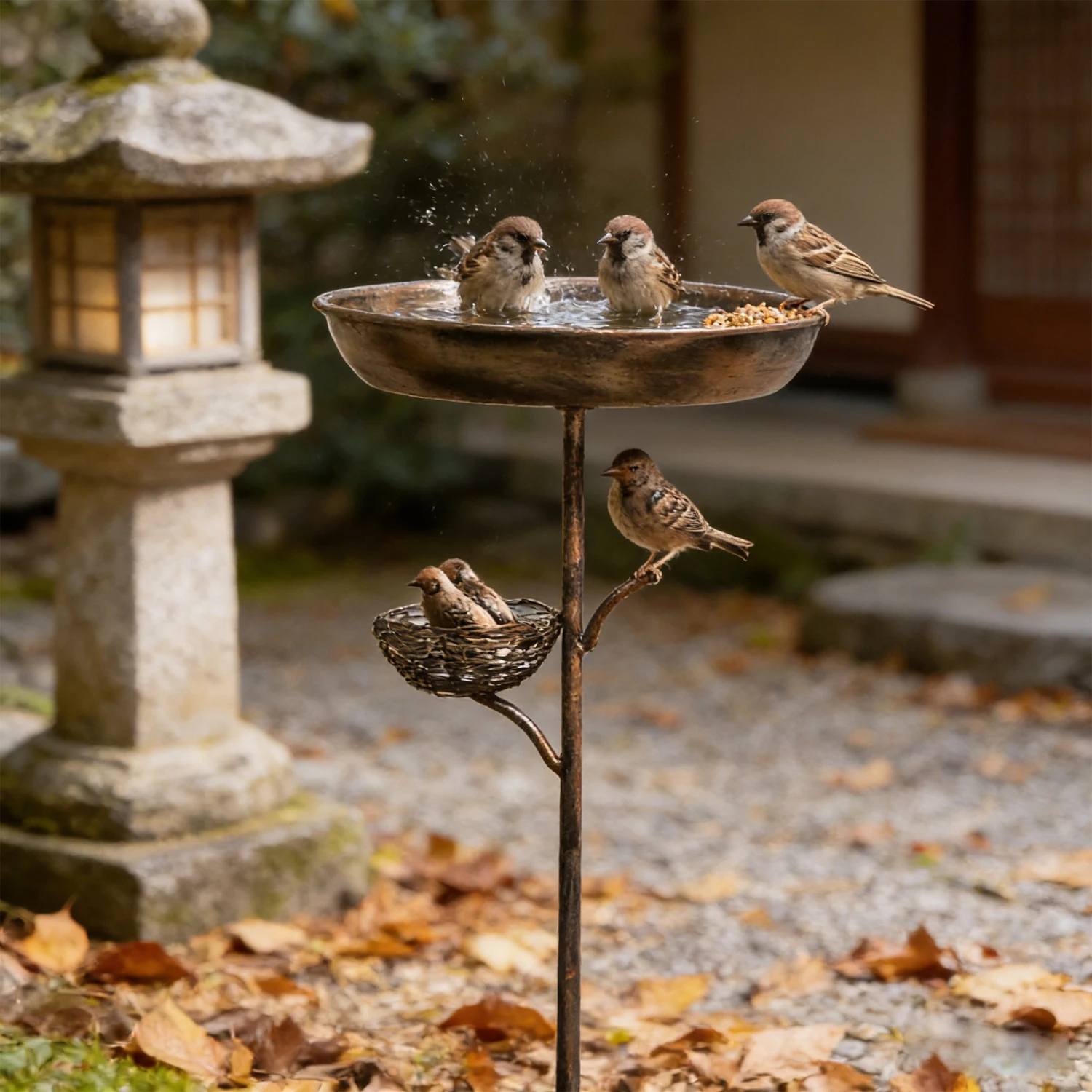 A Vintage Copper-Colored Five-Legged Decorative Bird Waterer and Feeder, Multi-Purpose for Birds, Butterflies, and Bees, Outdoor Garden Floor-Standing Bird Waterer, Rust-Proof Metal Feeder, Garden Lawn Bird-Watching Supplies, Removable and Washable