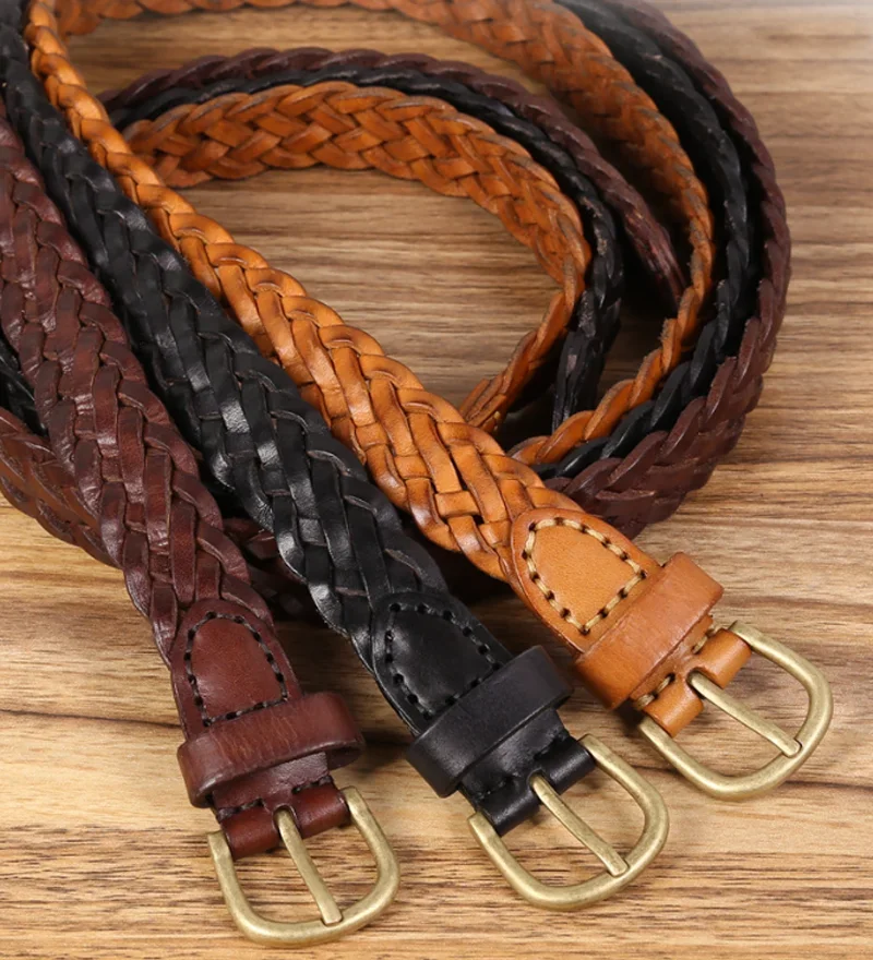 

100cm Luxury Knitted Designer Women Waistband Straps Handmade Woven Belt Top Layer Cowhide Braided Belt Female Jeans Accessories