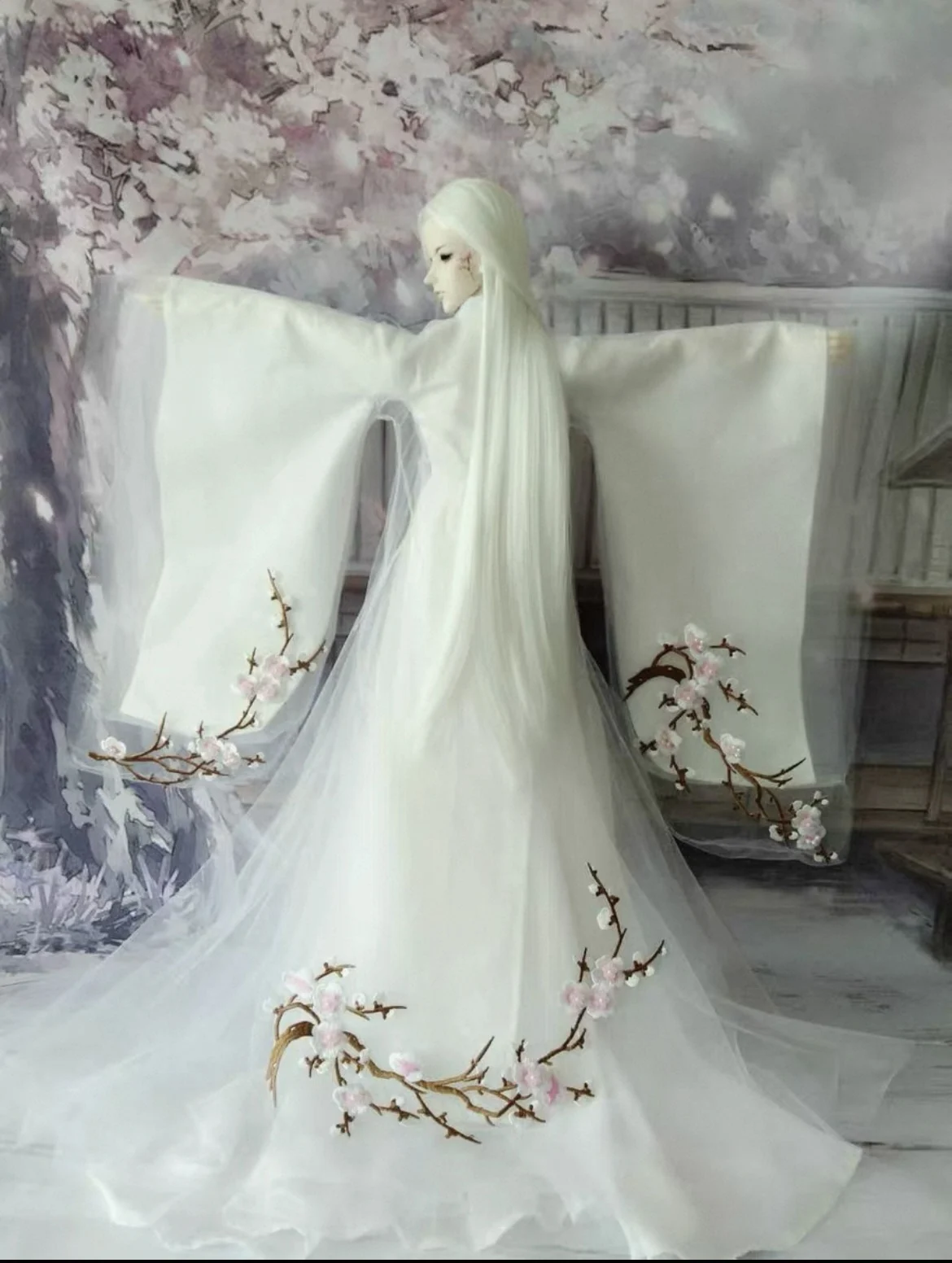 Brand new BJD dress Uncle 70 clothes, white pure cotton embroidered coat,  double-layer large swing long dress free shipping